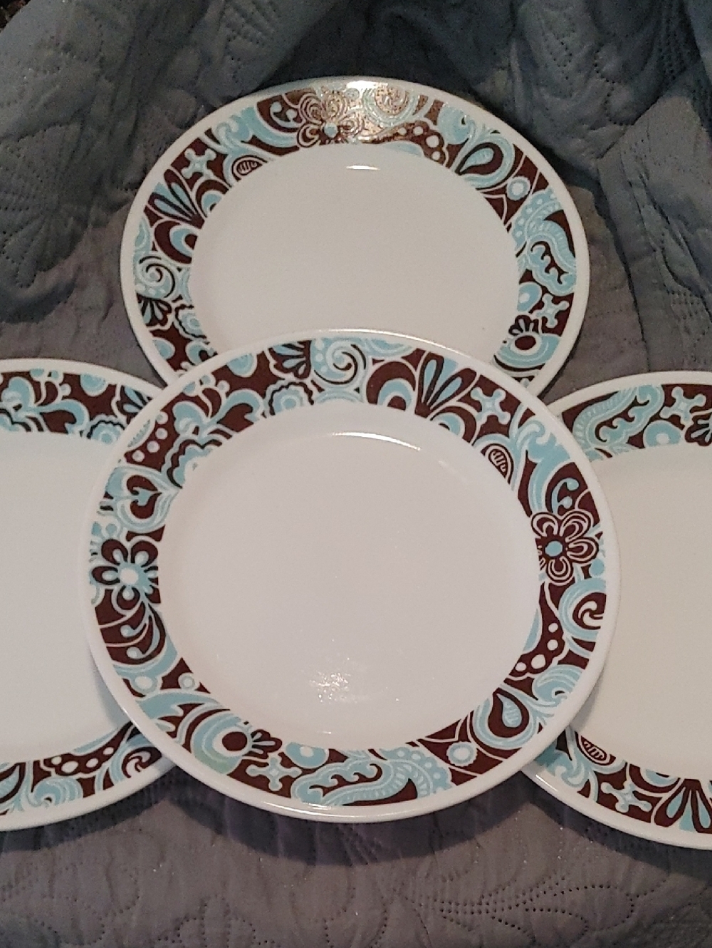 Corelle Brown and Aqua Floral Bread And Butter Plates (4)